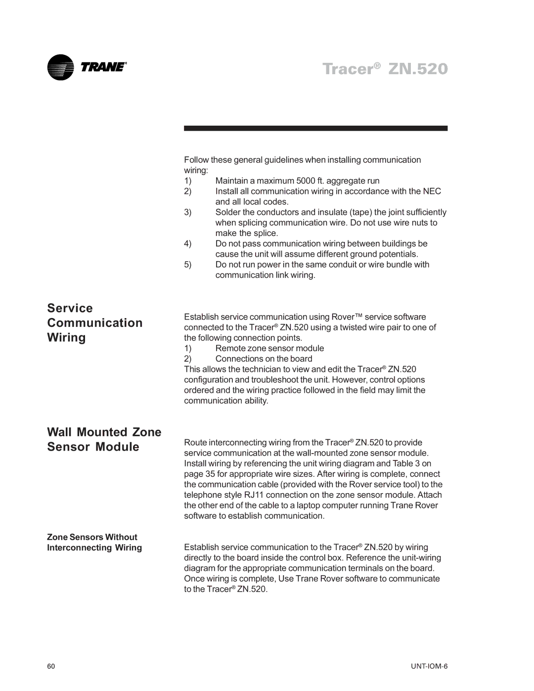 Trane LO manual Service Communication Wiring Wall Mounted Zone Sensor Module, Zone Sensors Without Interconnecting Wiring 