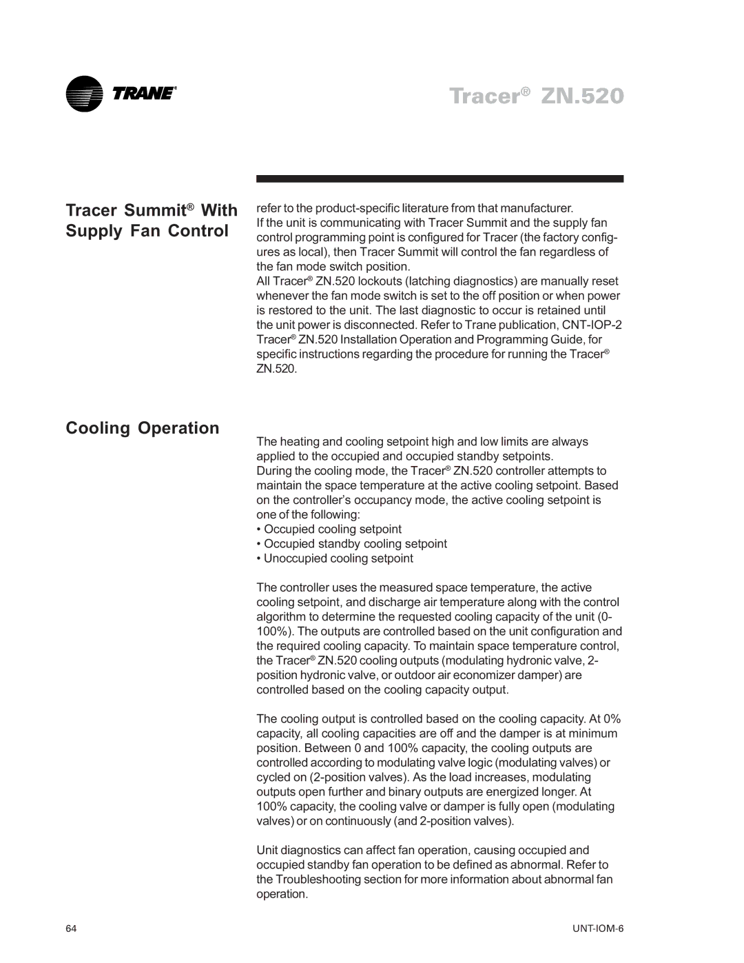 Trane LO manual Tracer Summit With Supply Fan Control, Cooling Operation 