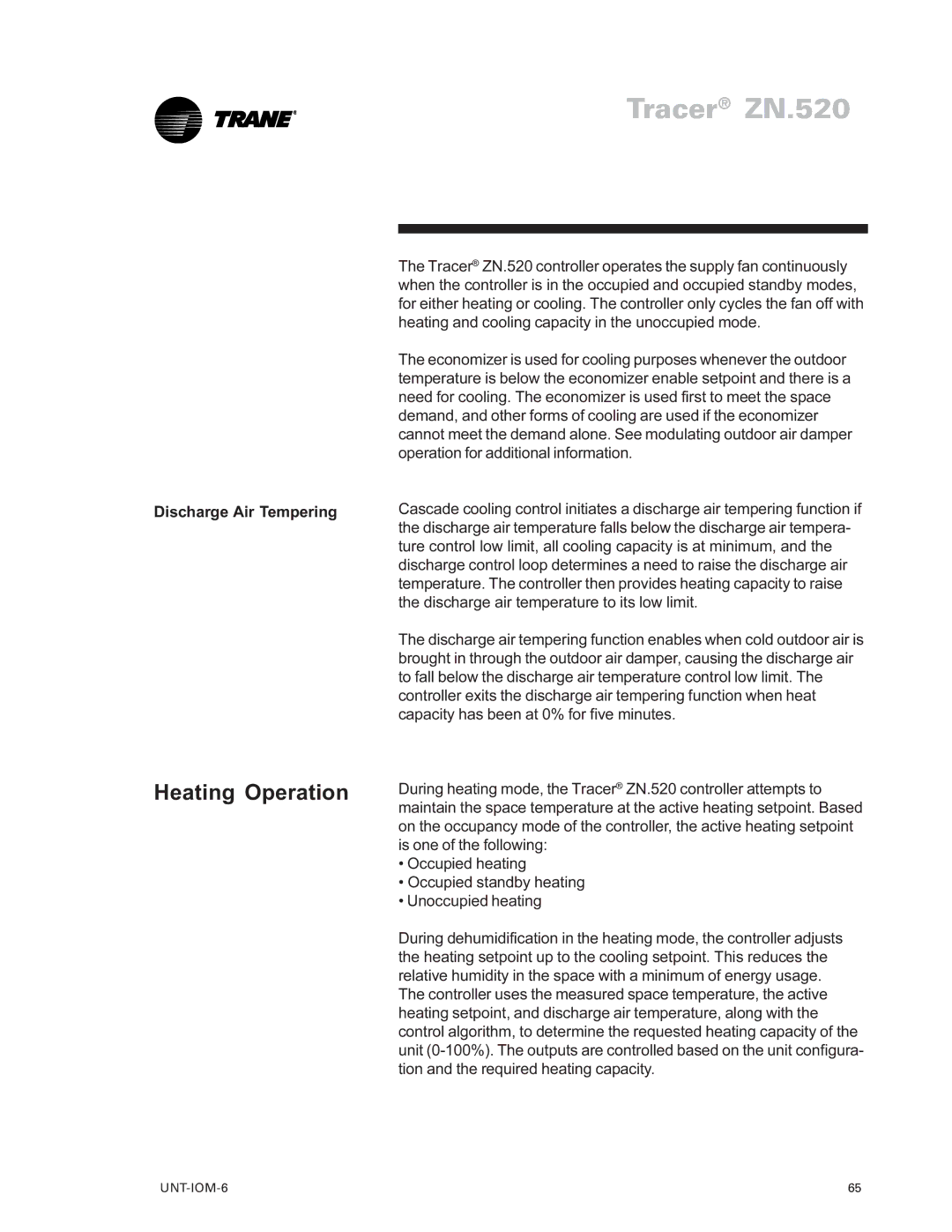 Trane LO manual Heating Operation, Discharge Air Tempering 