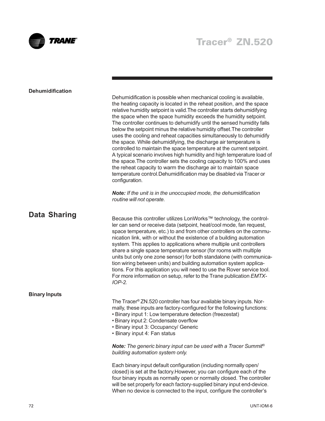 Trane LO manual Data Sharing, Dehumidification, Binary Inputs 