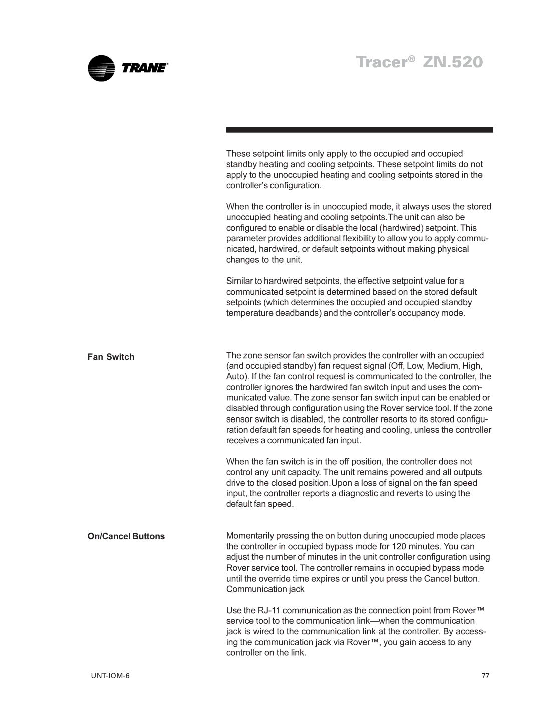 Trane LO manual Fan Switch On/Cancel Buttons 
