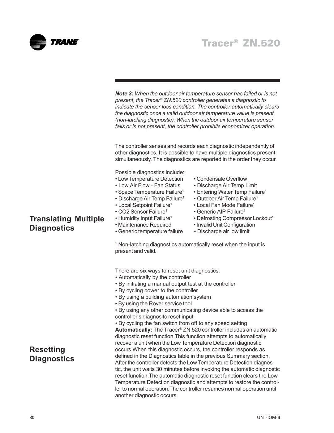 Trane LO manual Translating Multiple Diagnostics, Resetting Diagnostics 