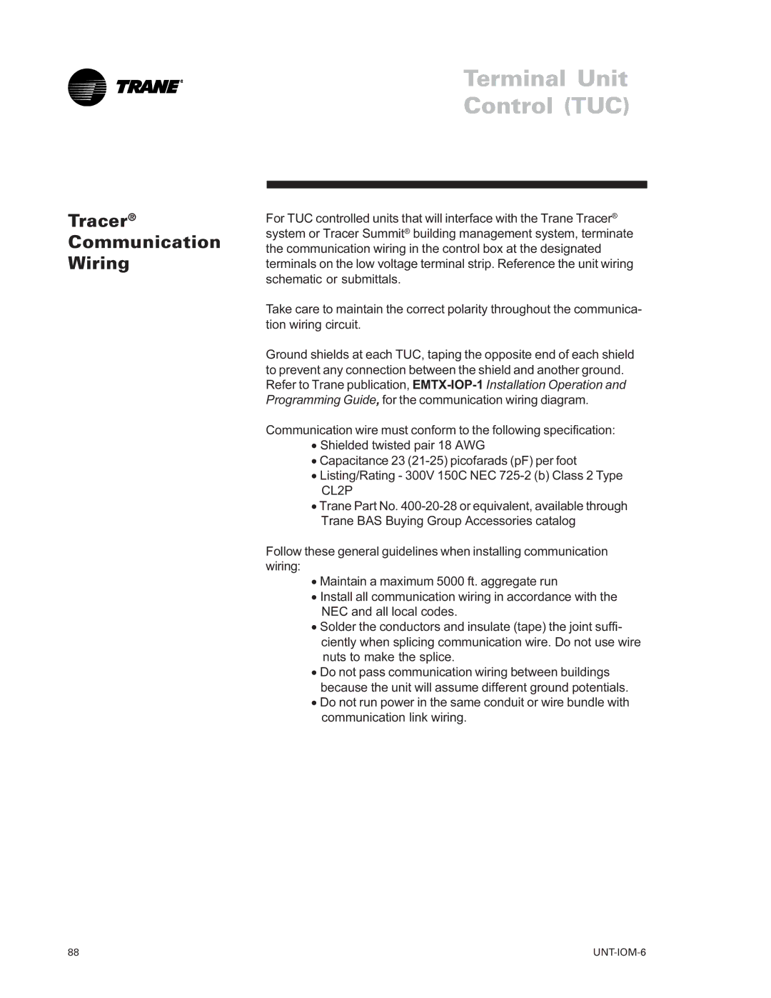 Trane LO manual Tracer Communication Wiring 