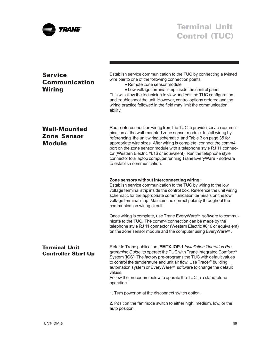 Trane LO manual Service Communication Wiring Wall-Mounted Zone Sensor Module, Terminal Unit Controller Start-Up 
