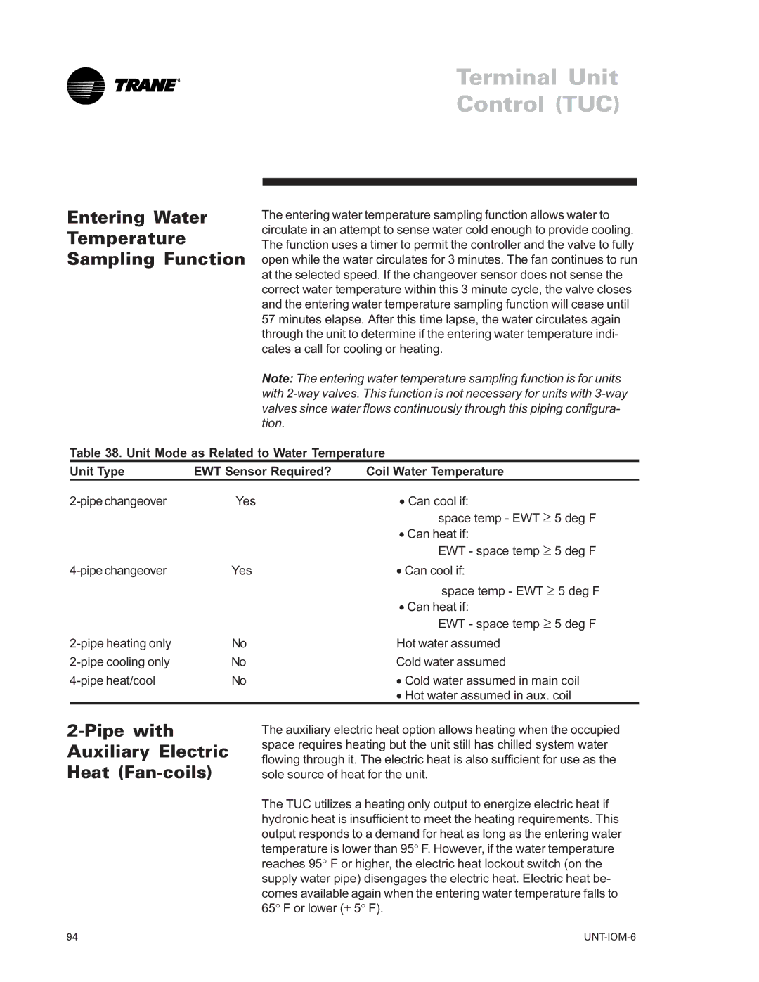 Trane LO manual Entering Water Temperature Sampling Function, Pipe with Auxiliary Electric Heat Fan-coils 