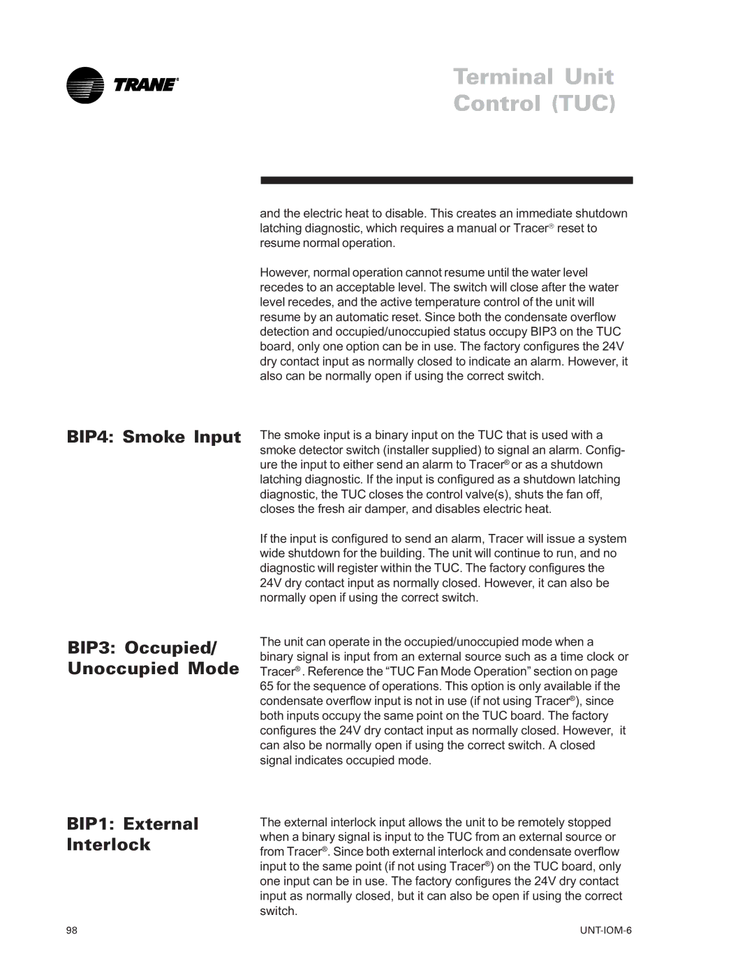 Trane LO manual BIP4 Smoke Input BIP3 Occupied/ Unoccupied Mode, BIP1 External Interlock 