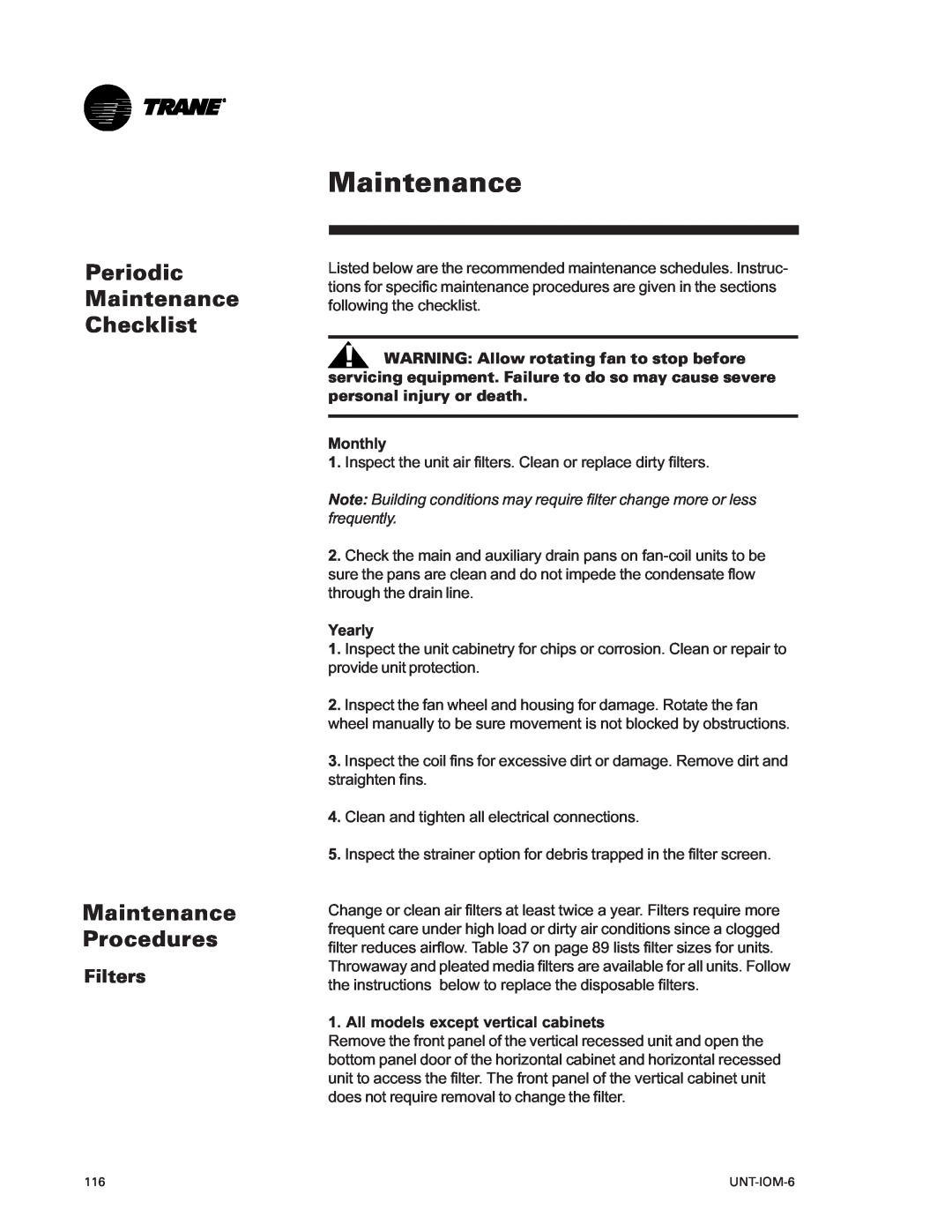 Trane LO manual Periodic Maintenance Checklist, Maintenance Procedures, Filters, Monthly, Yearly 