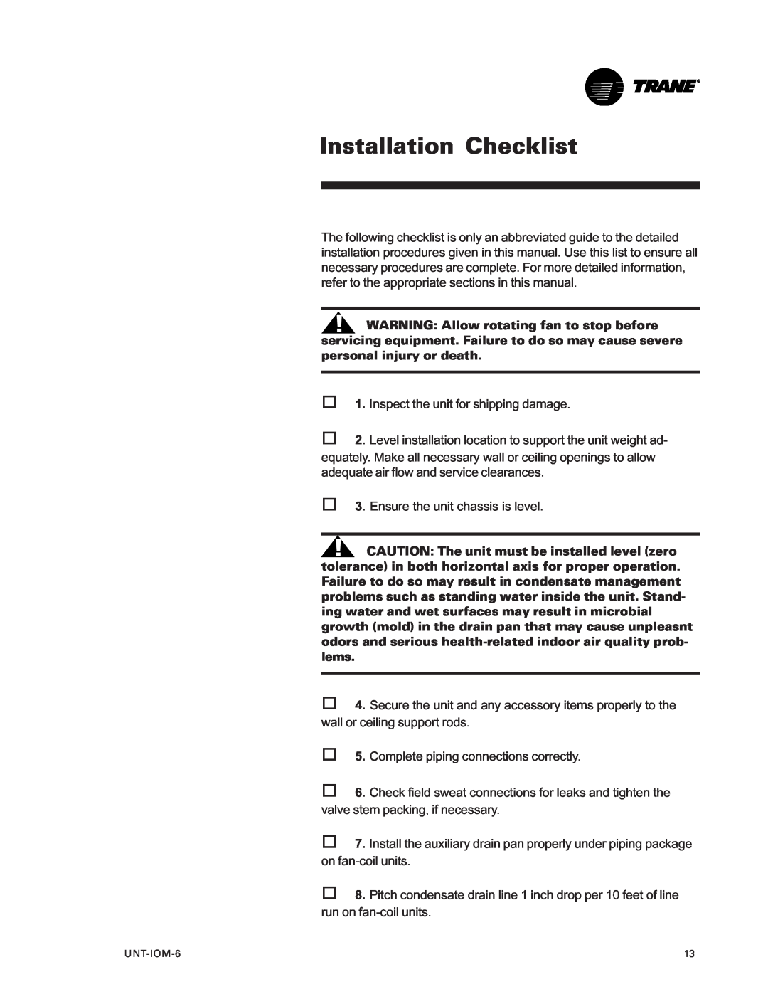 Trane LO manual Installation Checklist 