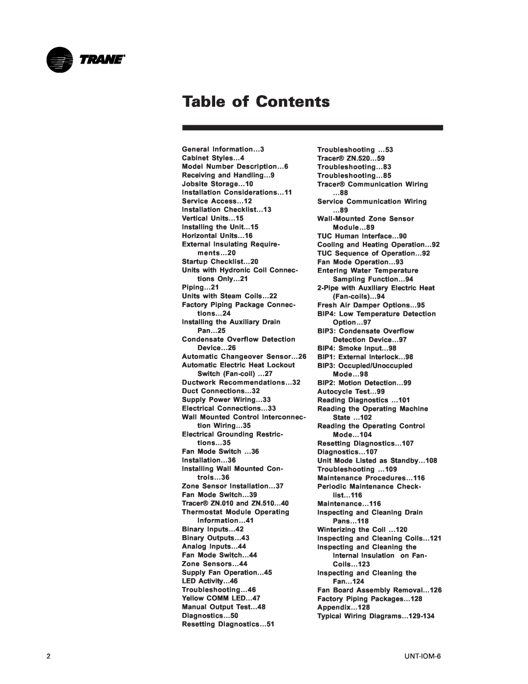 Trane LO manual Table of Contents 