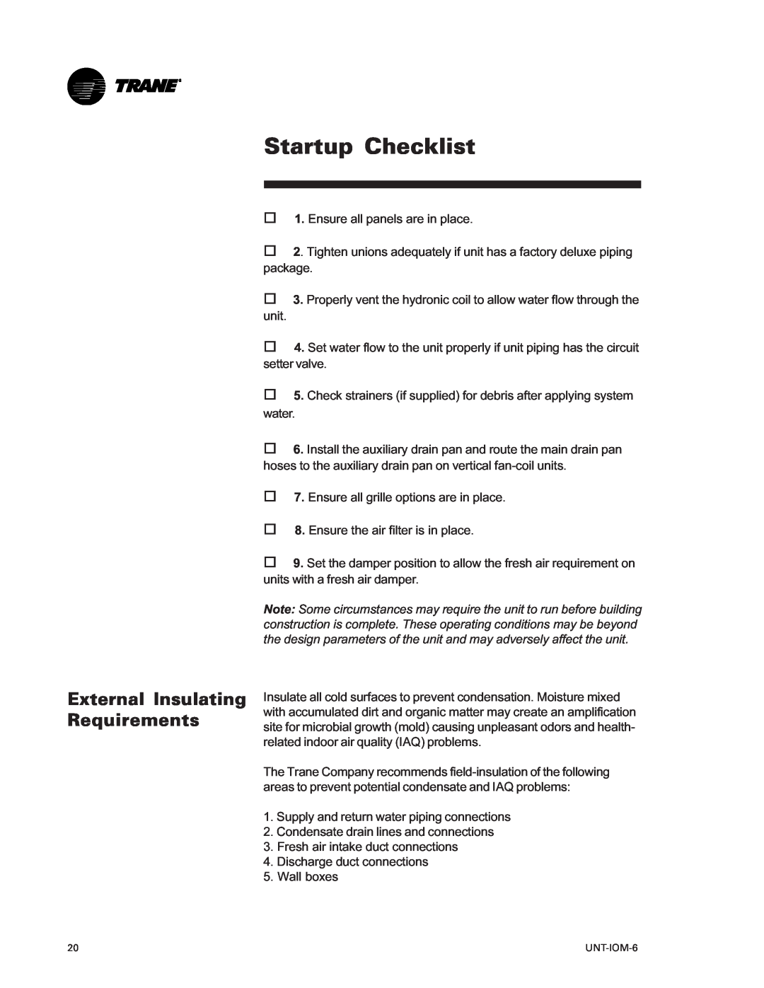 Trane LO manual Startup Checklist, External Insulating Requirements 