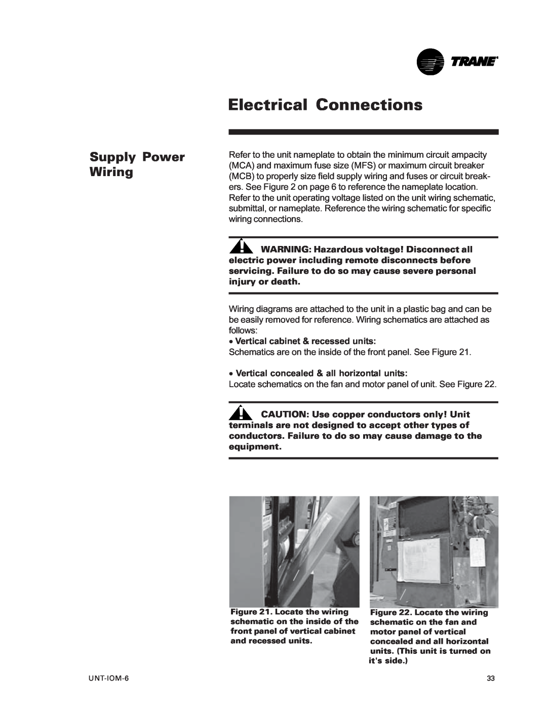 Trane LO manual Electrical Connections, Supply Power Wiring, ·Vertical cabinet & recessed units 