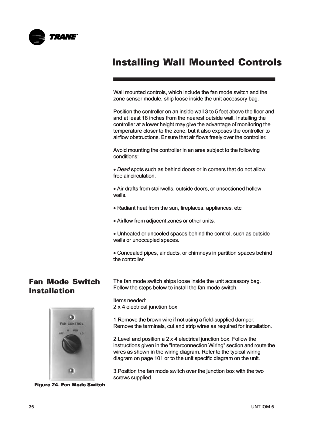 Trane LO manual Installing Wall Mounted Controls, Fan Mode Switch Installation 