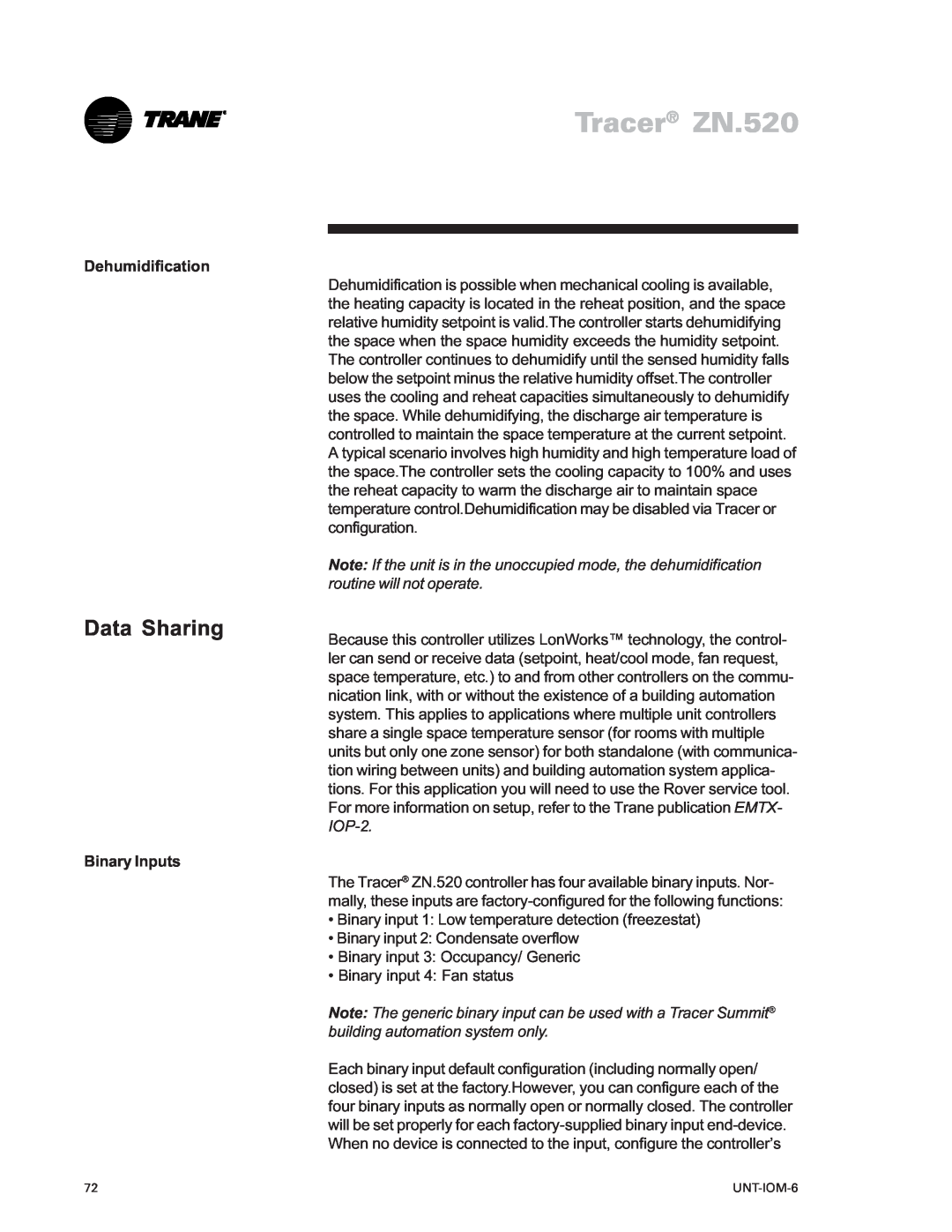 Trane LO manual Data Sharing, Tracer ZN.520, Dehumidification, Binary Inputs 