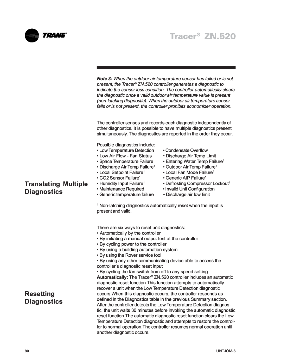Trane LO manual Translating Multiple Diagnostics, Tracer ZN.520, Resetting Diagnostics 
