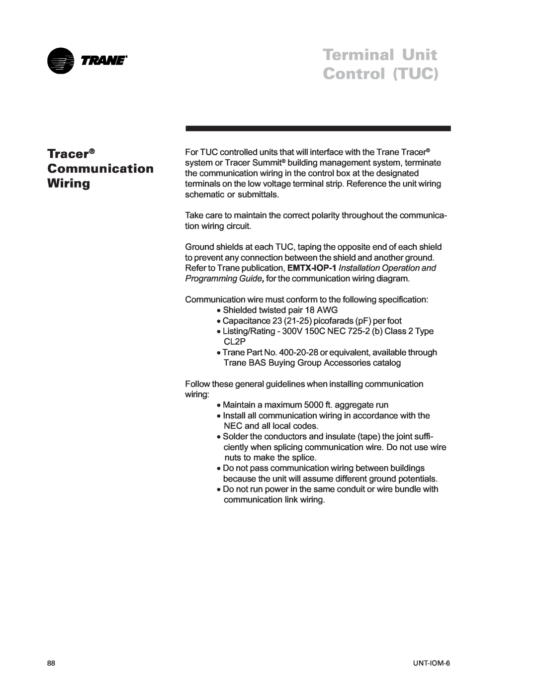 Trane LO manual Tracer Communication Wiring, Terminal Unit Control TUC 