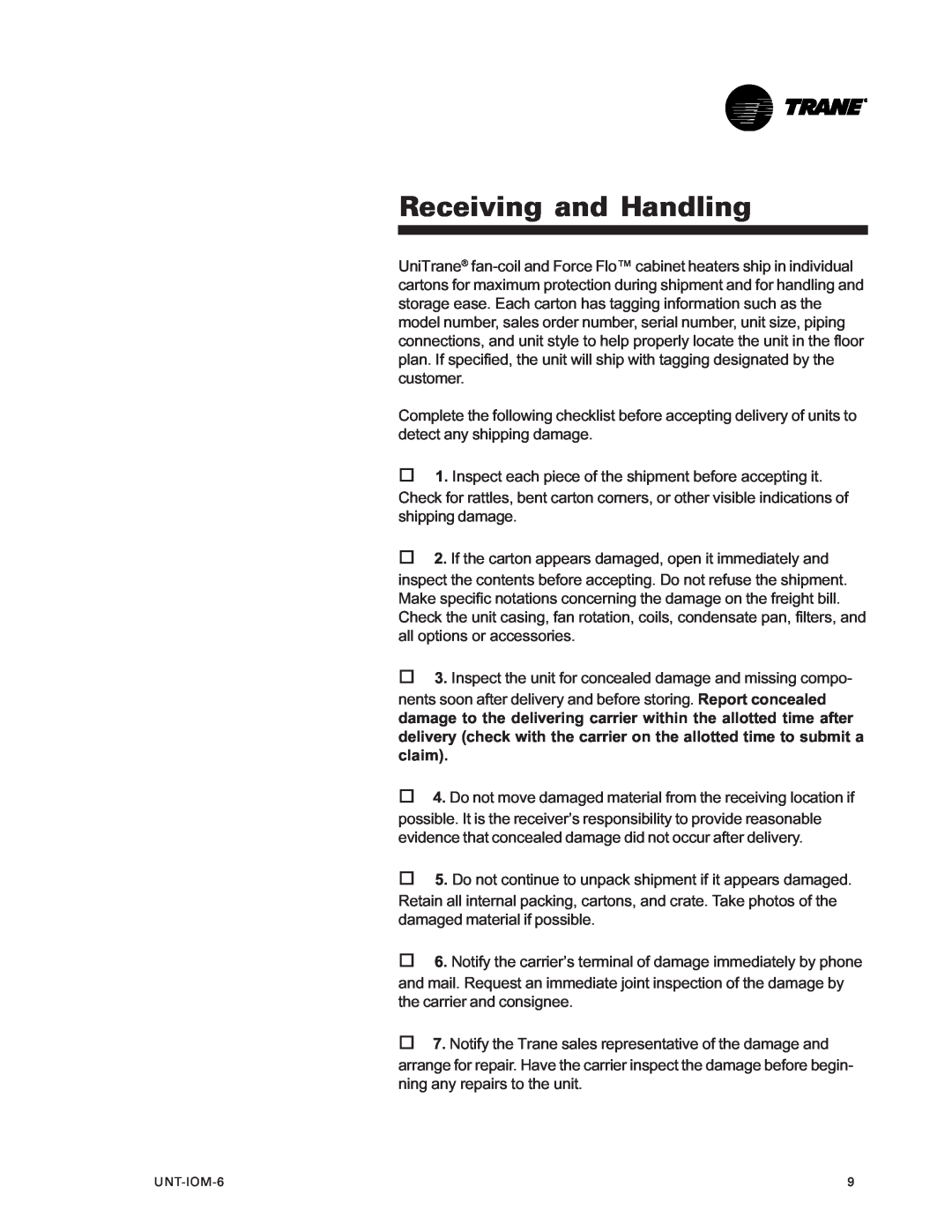Trane LO manual Receiving and Handling, UNT-IOM-6 