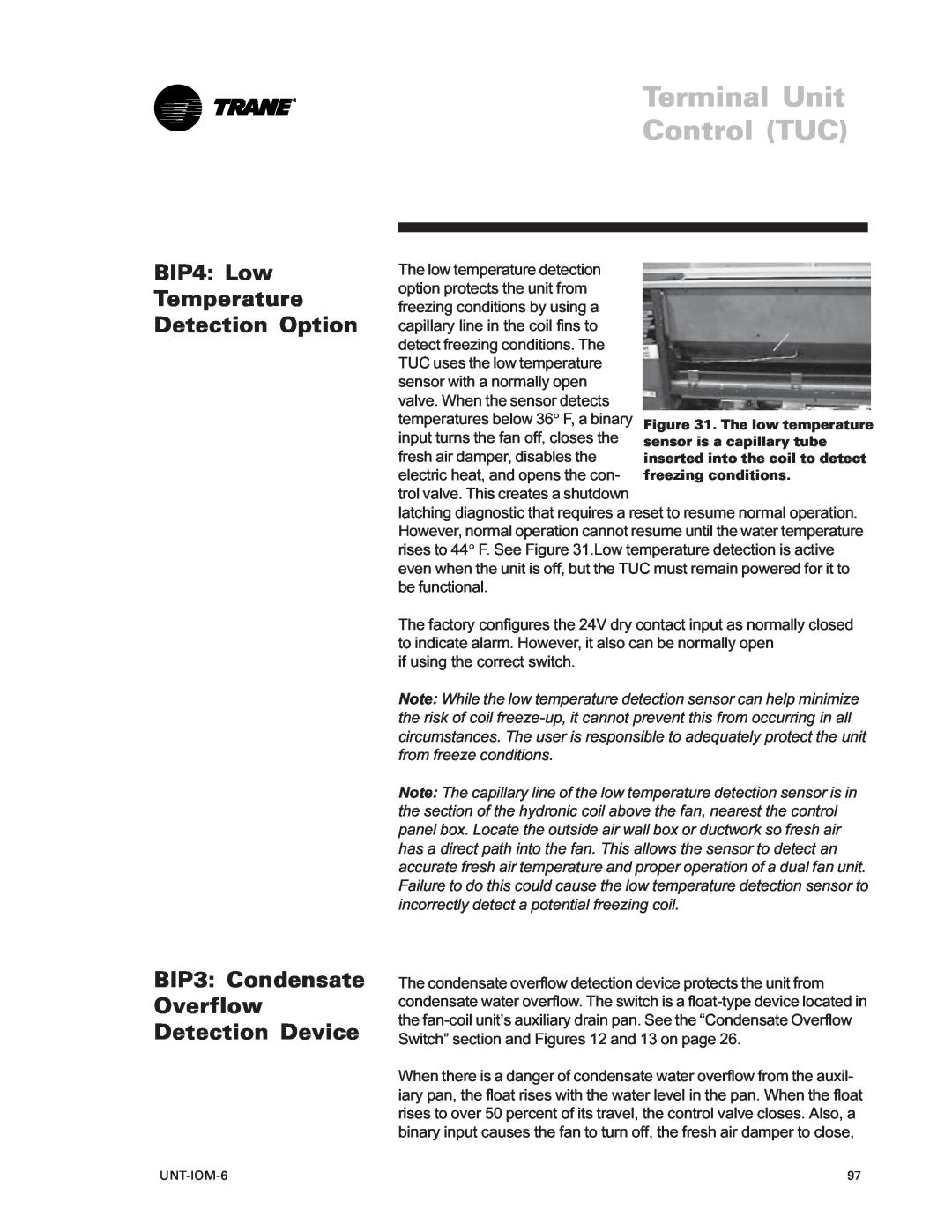 Trane LO manual BIP4 Low Temperature Detection Option, BIP3: Condensate Overflow Detection Device, UNT-IOM-6 