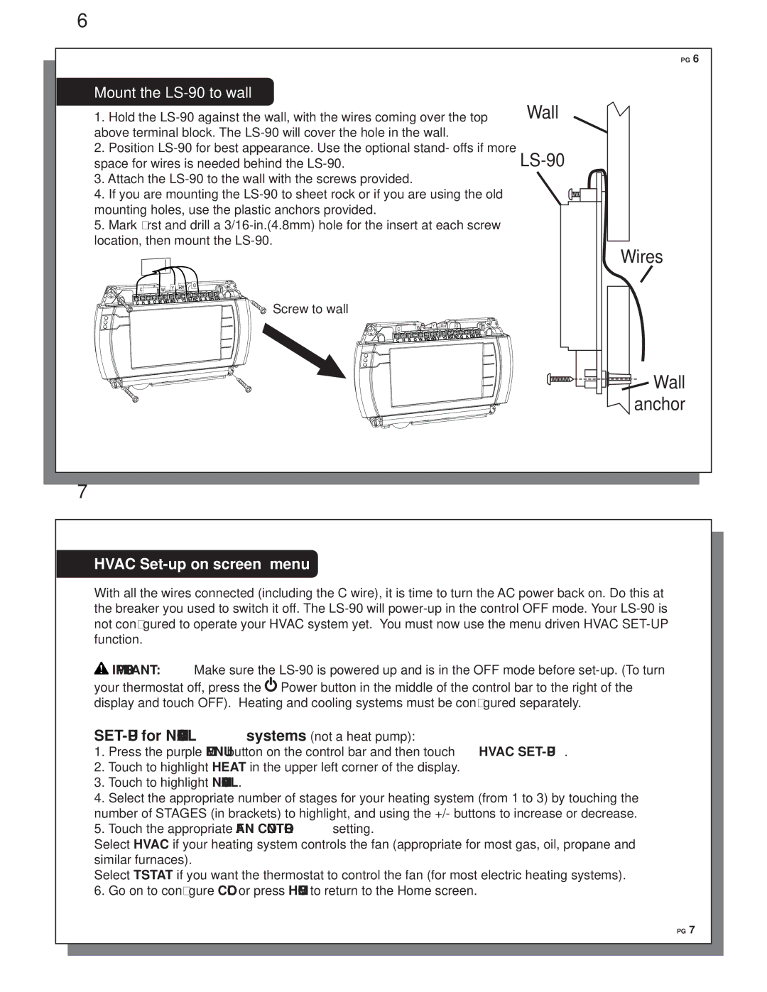 Trane manual Mount the LS-90 to wall, Hvac Set-up on screen menu, SET-UP for Normal systems not a heat pump 