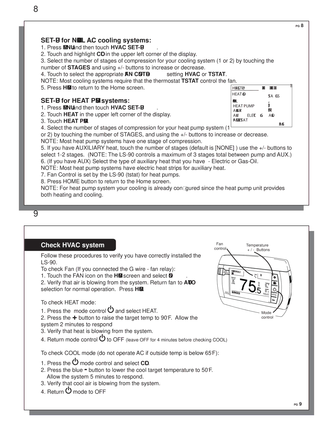 Trane LS-90 manual SET-UP for Heat Pump systems, Check Hvac system, Touch Heat Pump 