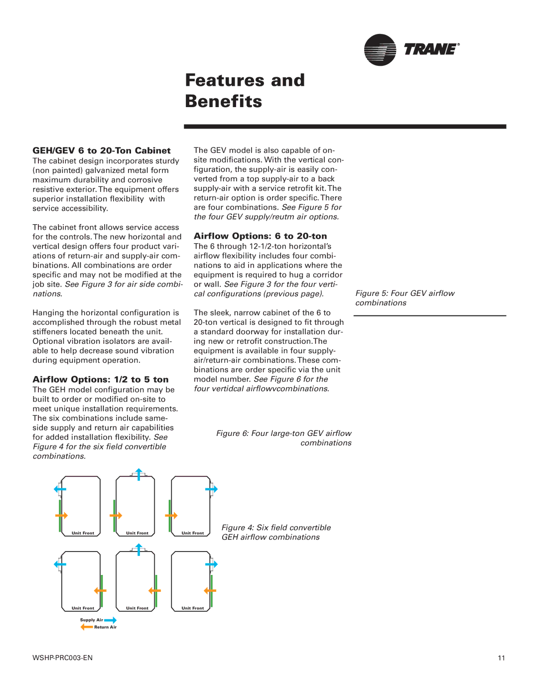 Trane Model 012 GEH, Model 180 GEV, 120 GEH Features Benefits, GEH/GEV 6 to 20-Ton Cabinet, Airflow Options 1/2 to 5 ton 