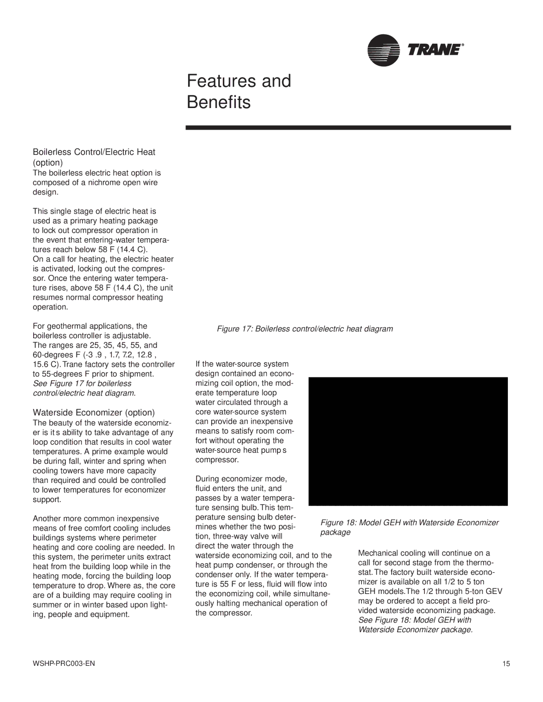 Trane Model 180 GEV, 120 GEH, Model 012 GEH manual Boilerless Control/Electric Heat option, Waterside Economizer option 