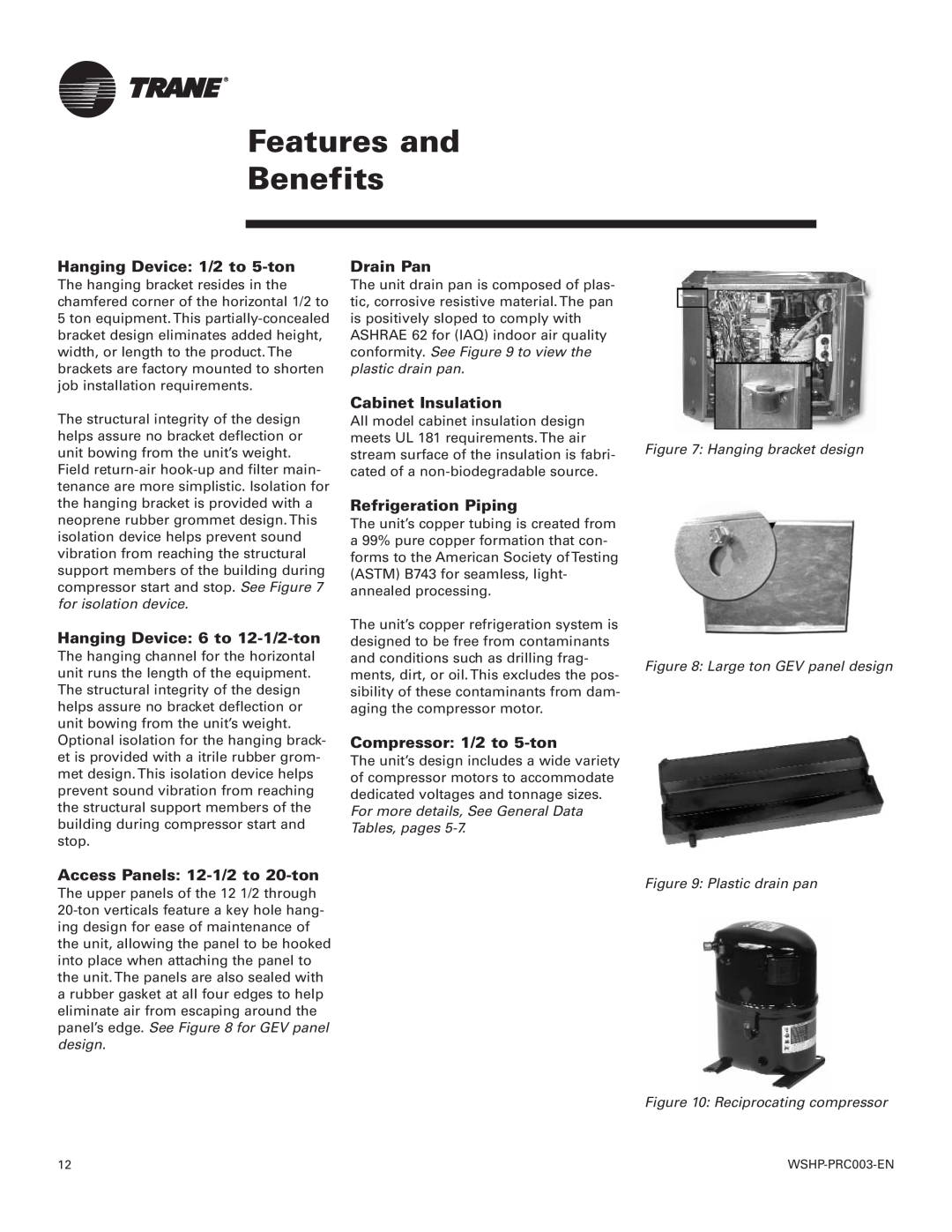 Trane Model 180 GEV, 120 GEH Features and Benefits, Hanging Device 1/2 to 5-ton, Hanging Device 6 to 12-1/2-ton, Drain Pan 