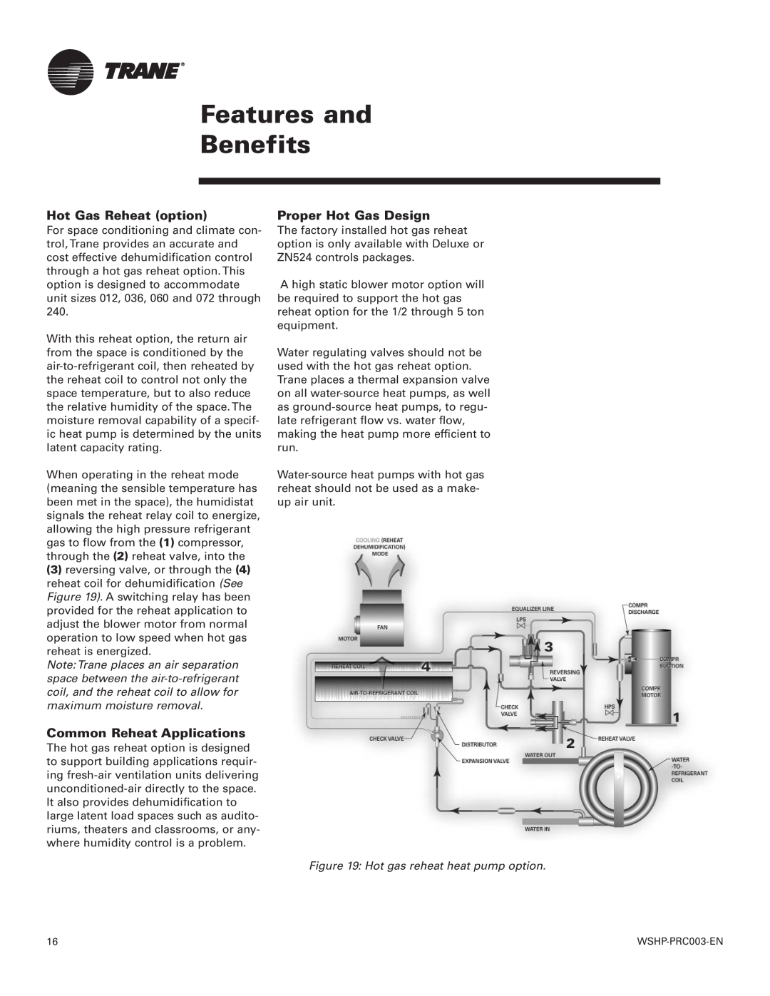 Trane 120 GEH manual Features and Benefits, Hot Gas Reheat option, Common Reheat Applications, Proper Hot Gas Design 