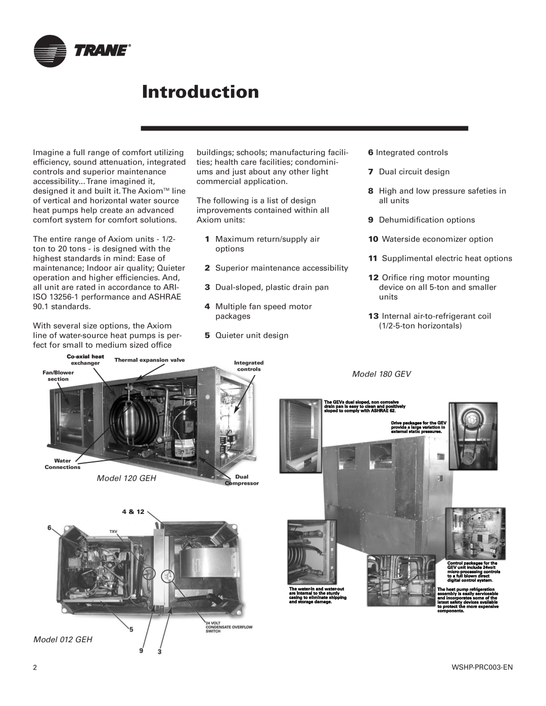 Trane Model 012 GEH manual Introduction, Model 180 GEV, Model 120 GEH 