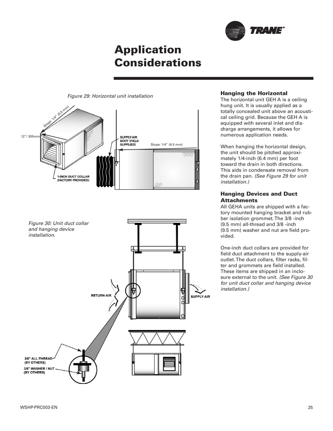 Trane 120 GEH, Model 180 GEV manual Application Considerations, Hanging the Horizontal, Hanging Devices and Duct Attachments 