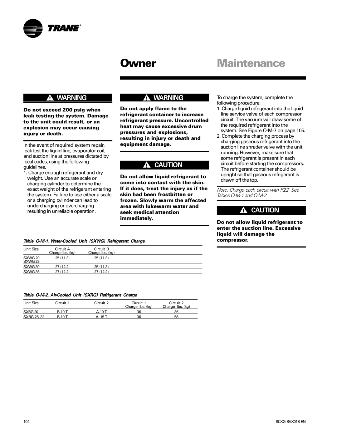 Trane Modu To charge the system, complete the following procedure, Table O-M-1. Water-Cooled Unit Sxwg Refrigerant Charge 