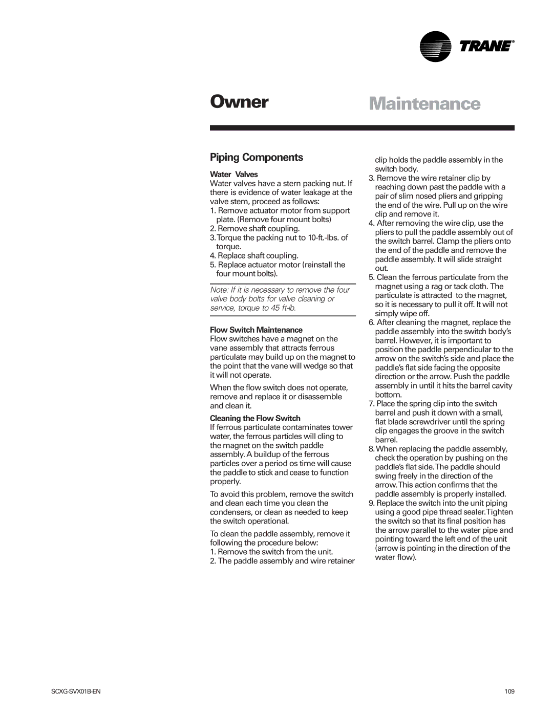 Trane Modu manual Piping Components, Water Valves, Flow Switch Maintenance, Cleaning the Flow Switch 