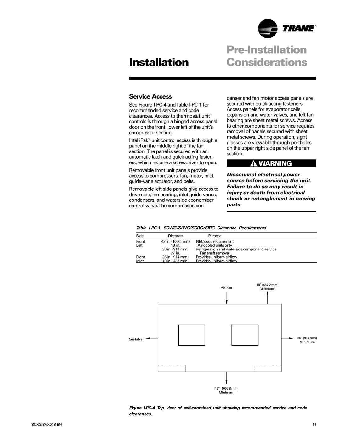 Trane Modu manual Service Access, Table I-PC-1. SCWG/SIWG/SCRG/SIRG Clearance Requirements 