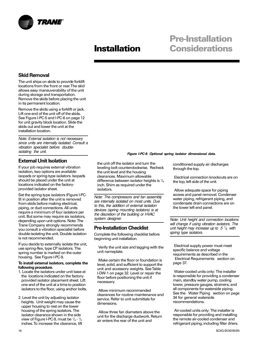 Trane Modu manual Skid Removal, External Unit Isolation, Pre-Installation Checklist 