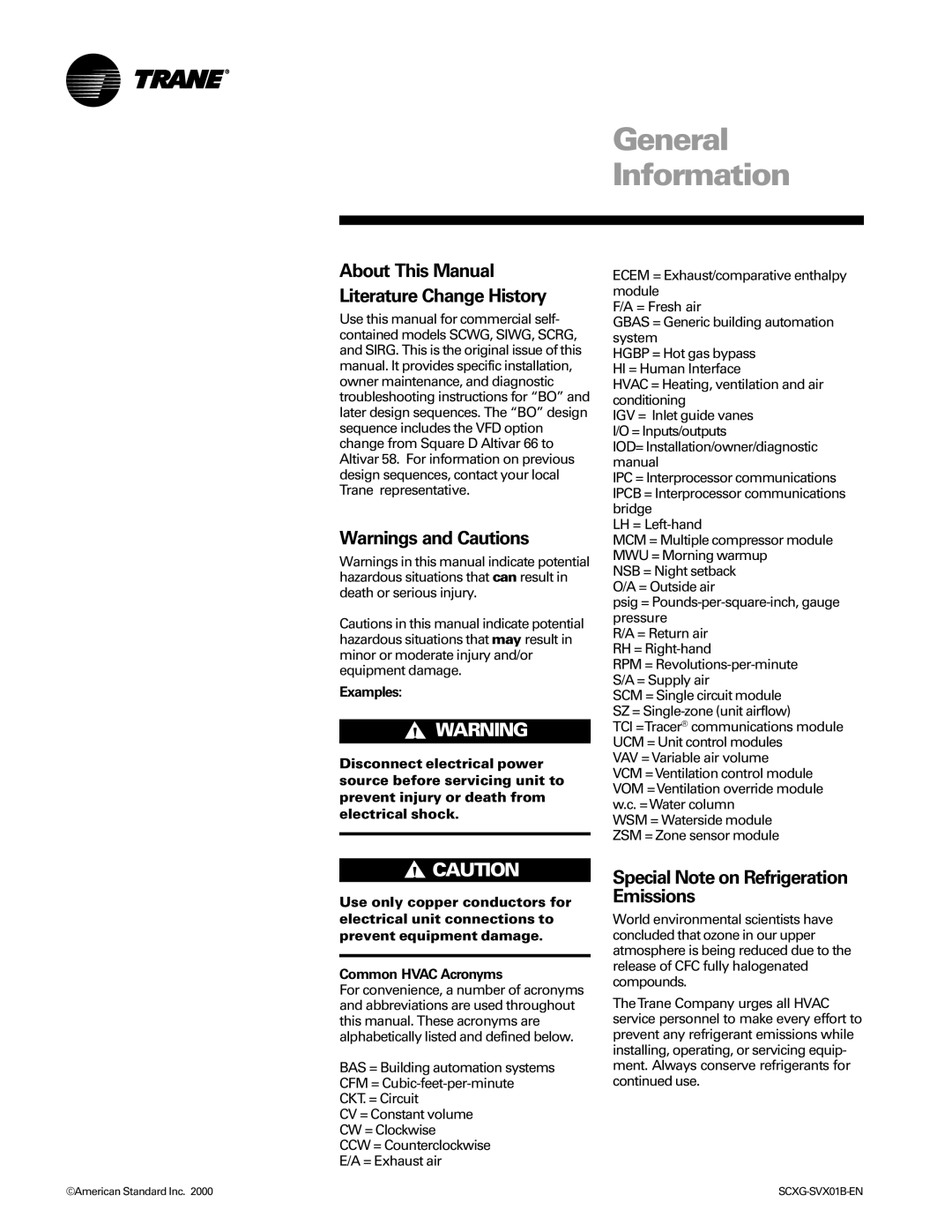 Trane Modu General Information, Special Note on Refrigeration Emissions, Psig = Pounds-per-square-inch, gauge pressure 