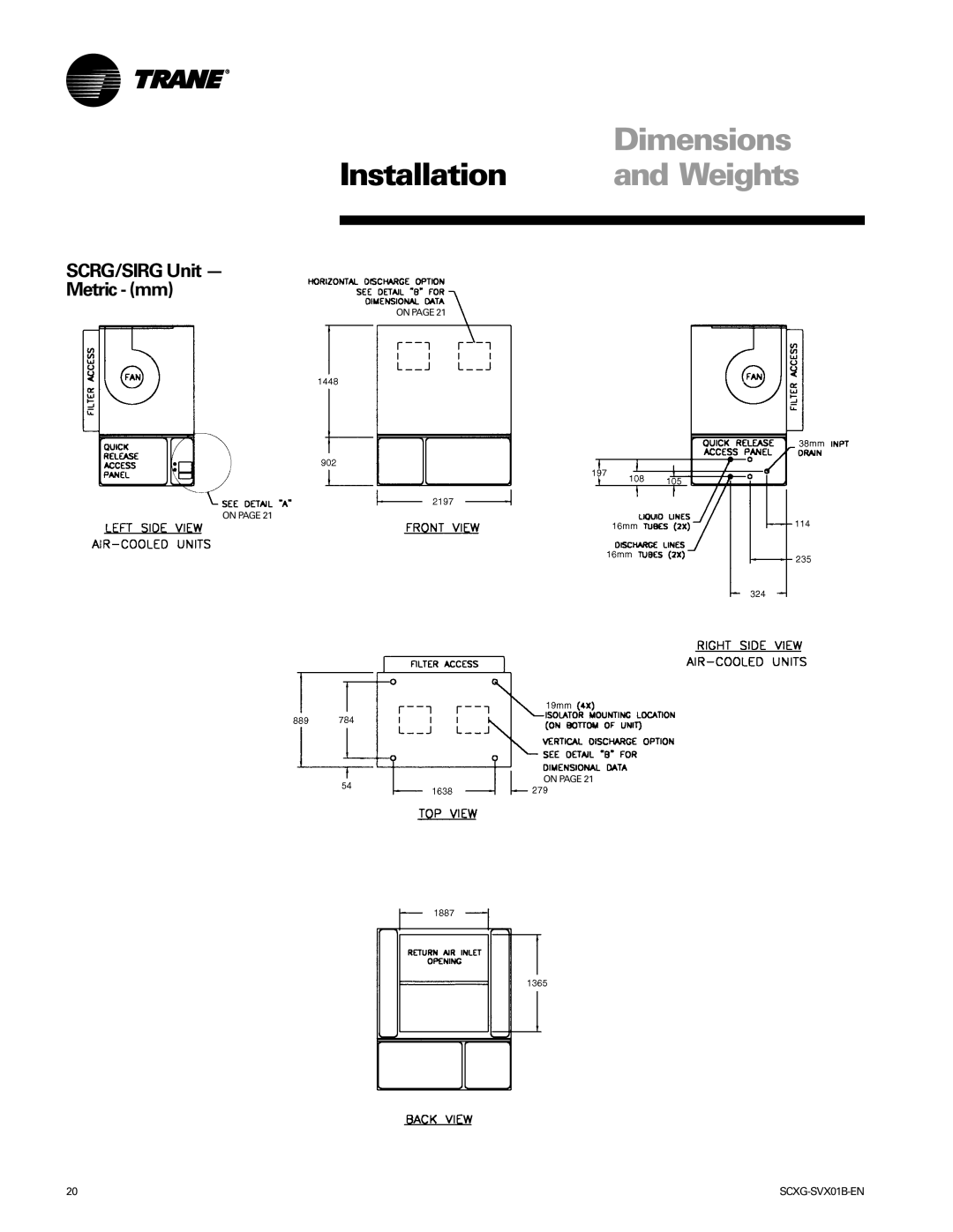 Trane Modu manual Installation Weights, SCRG/SIRG Unit Metric mm 