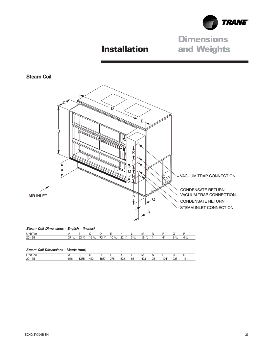 Trane Modu manual Steam Coil Dimensions English inches, Steam Coil Dimensions Metric mm 