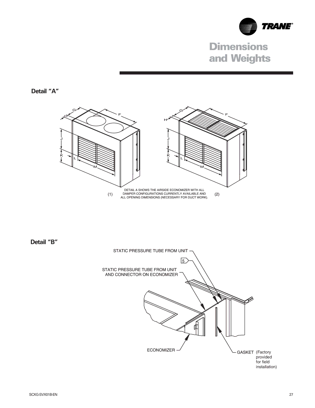 Trane Modu manual Dimensions Weights, Detail a Detail B 