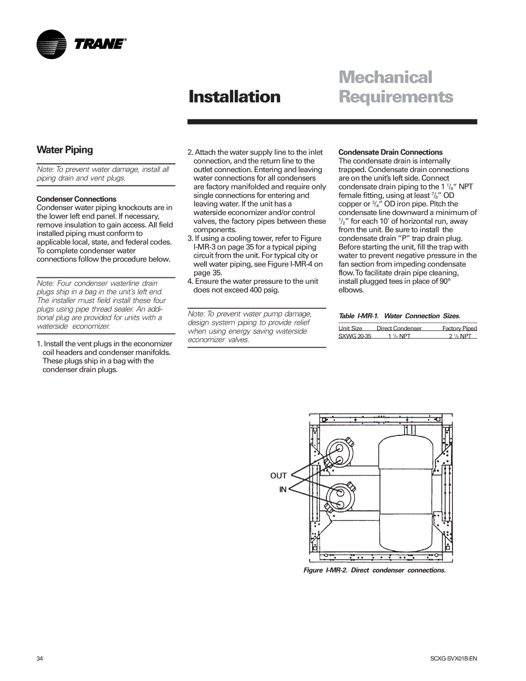 Trane Modu manual Water Piping, Condenser Connections, Table I-MR-1. Water Connection Sizes 