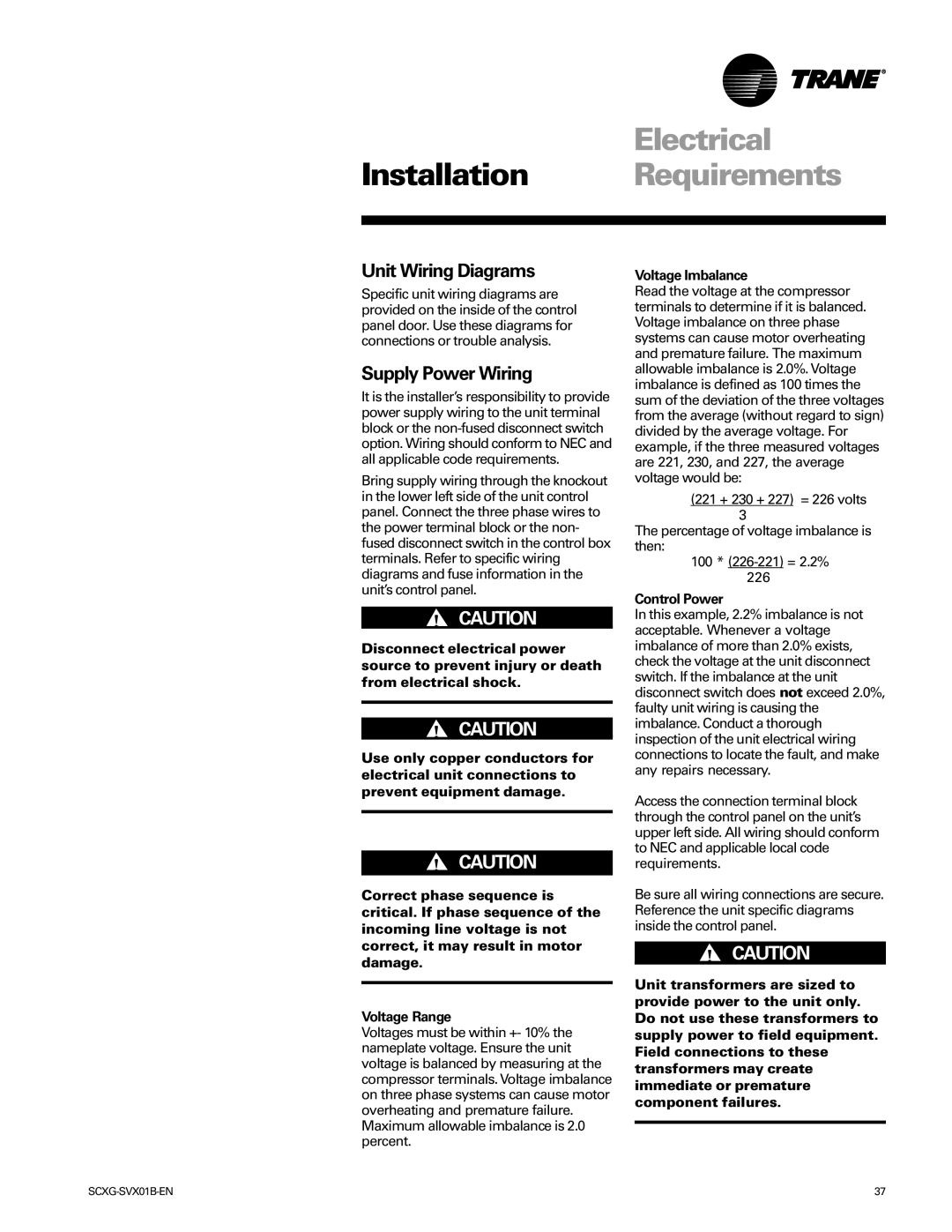 Trane Modu manual Electrical, Unit Wiring Diagrams, Supply Power Wiring, Voltage Imbalance, Control Power 