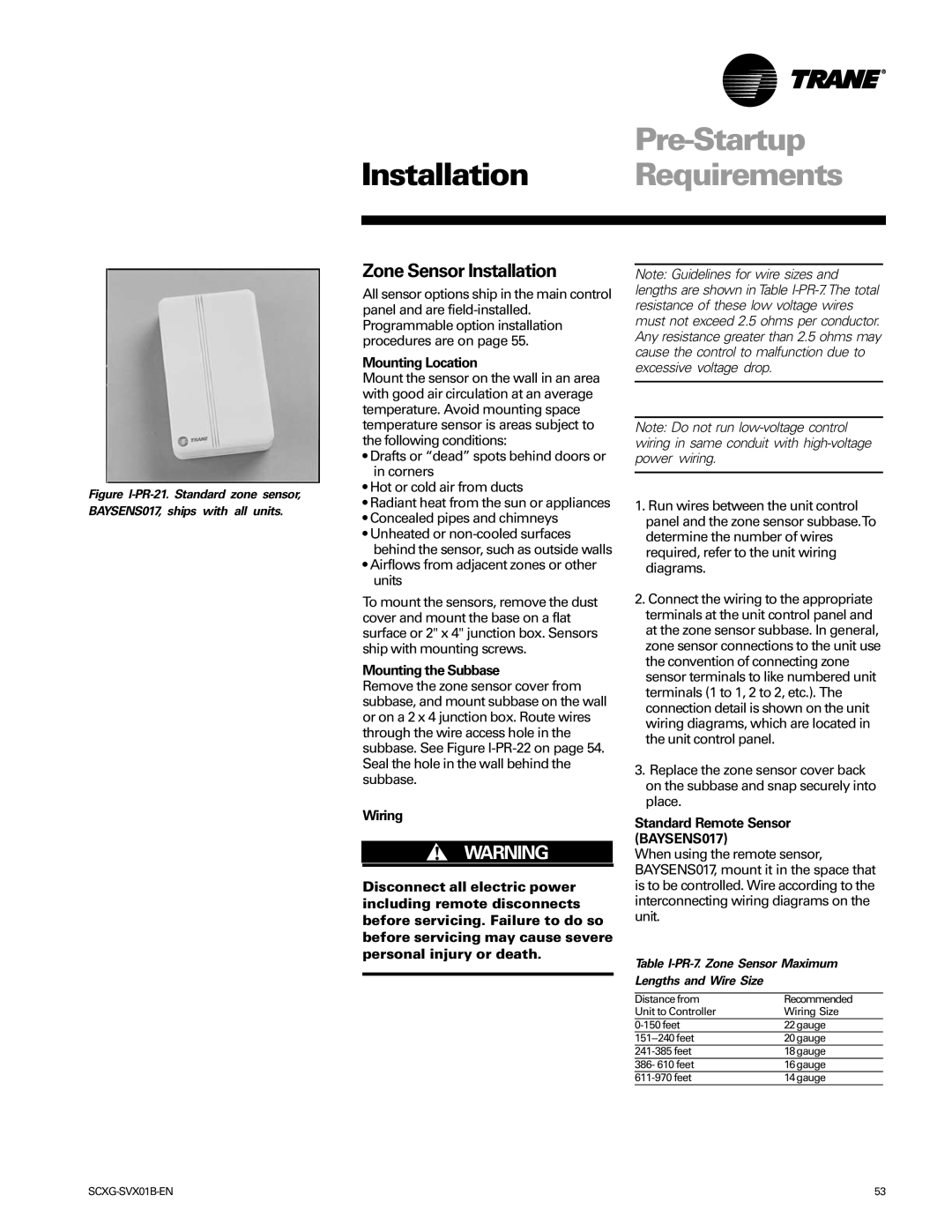 Trane Modu manual Zone Sensor Installation, Mounting Location, Mounting the Subbase, Standard Remote Sensor BAYSENS017 