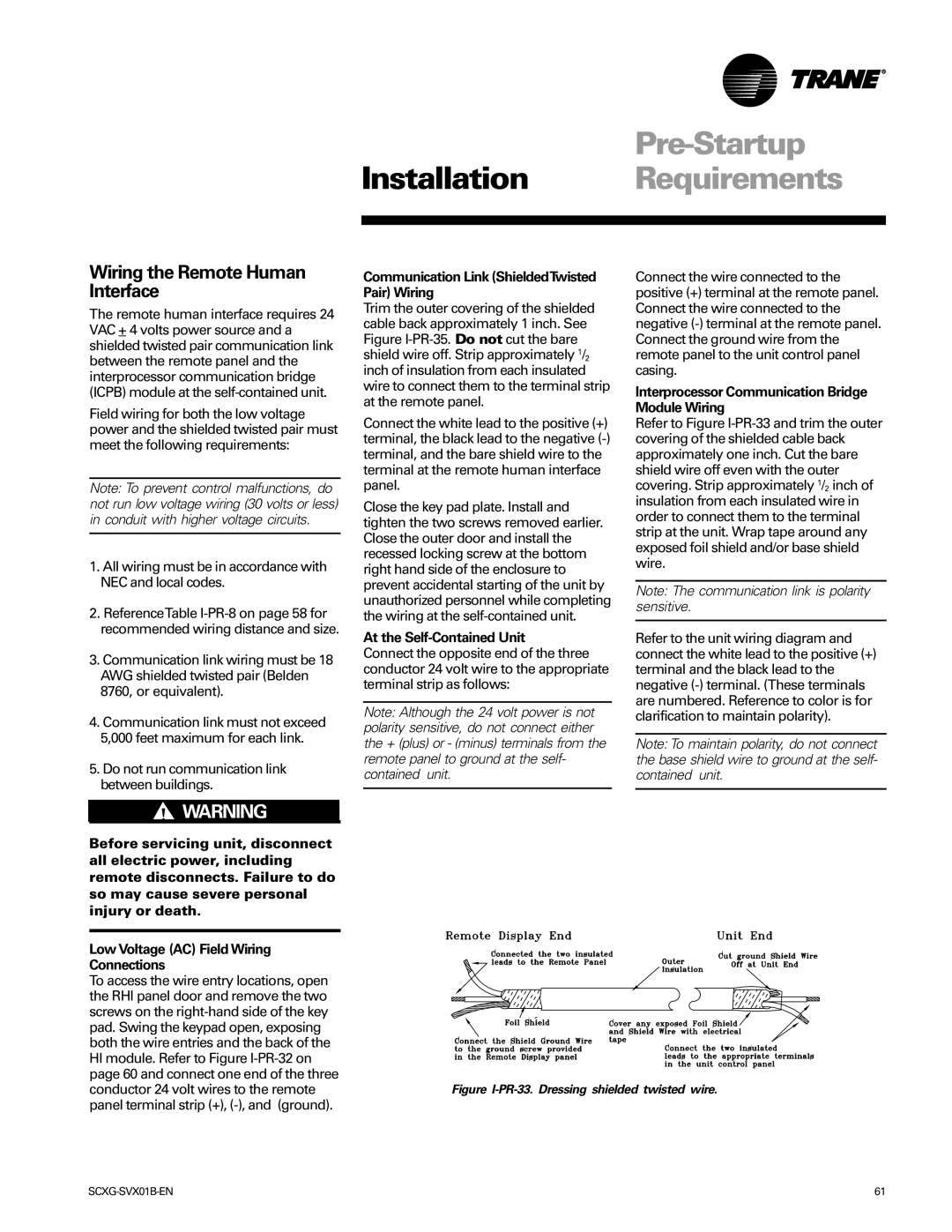 Trane Modu Wiring the Remote Human Interface, Do not run communication link between buildings, At the Self-Contained Unit 