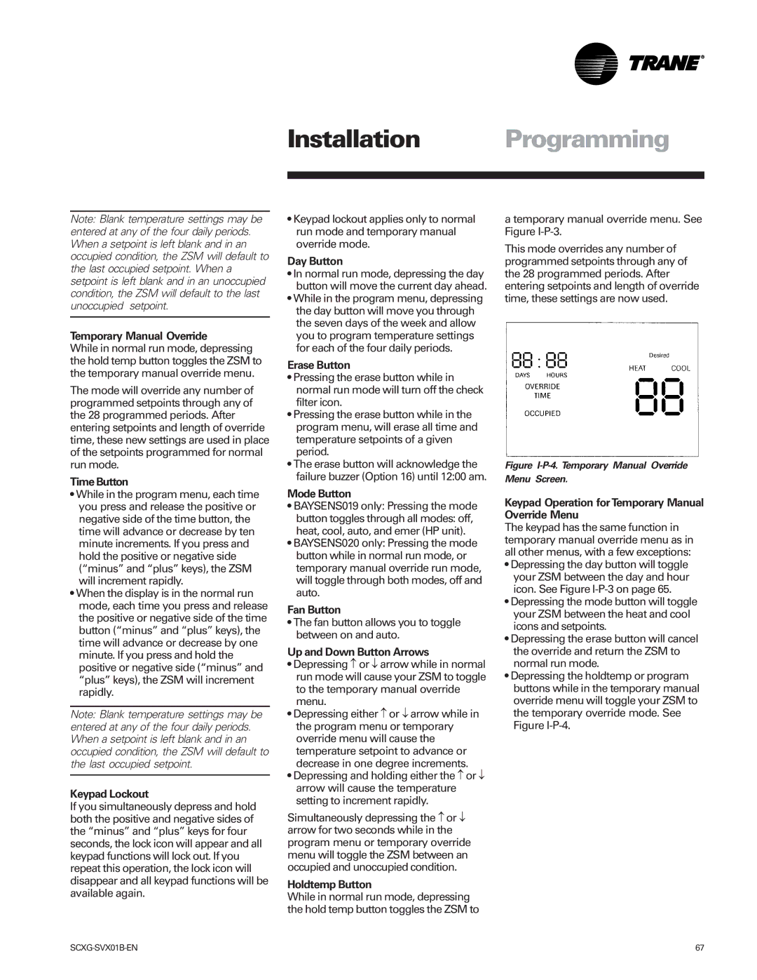 Trane Modu manual Temporary Manual Override, Time Button, Keypad Lockout, Up and Down Button Arrows, Holdtemp Button 