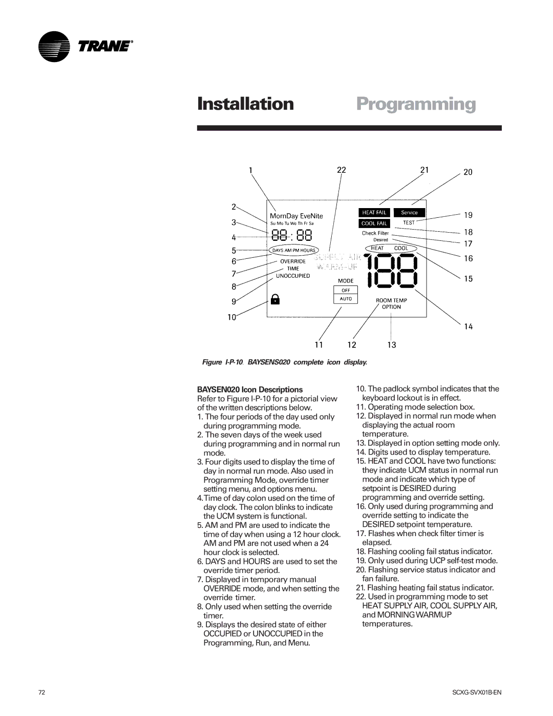 Trane Modu manual BAYSEN020 Icon Descriptions, Figure I-P-10.BAYSENS020 complete icon display 