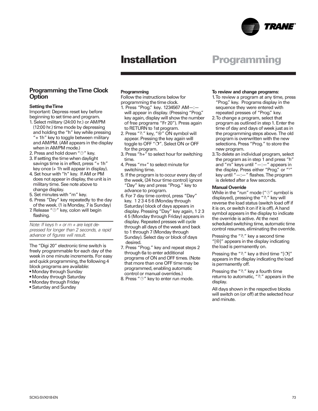 Trane Modu manual Programming theTime Clock Option, Setting theTime, To review and change programs, Manual Override 