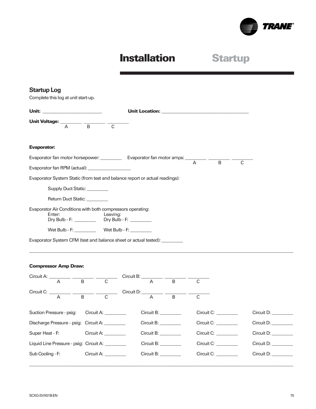 Trane Modu manual Startup Log, Evaporator, Compressor Amp Draw 