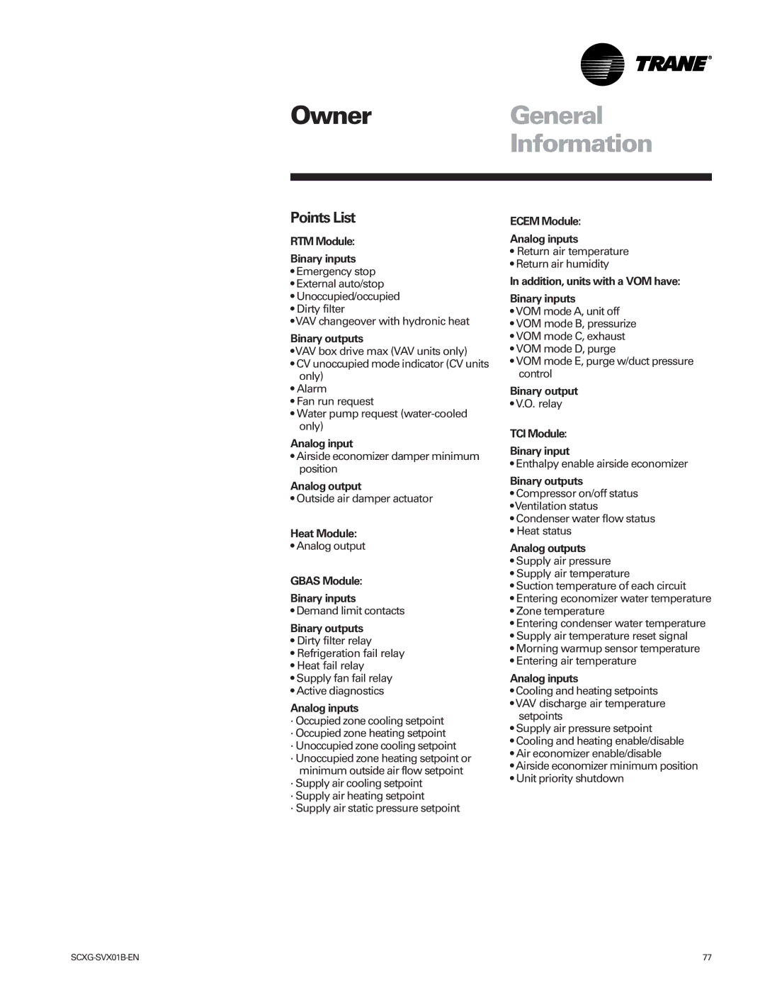 Trane Modu manual Owner General Information, Points List 