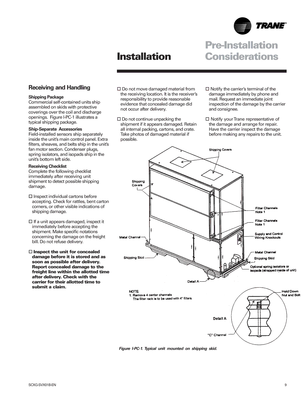 Trane Modu Pre-Installation Installation Considerations, Receiving and Handling, Shipping Package, Receiving Checklist 