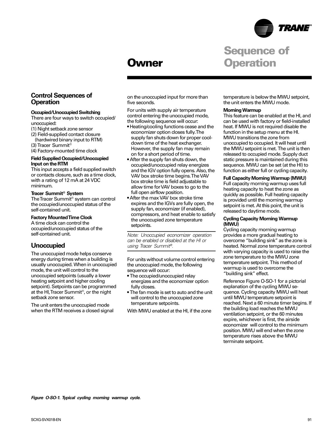 Trane Modu manual Sequence Owner Operation, Control Sequences Operation, Unoccupied 