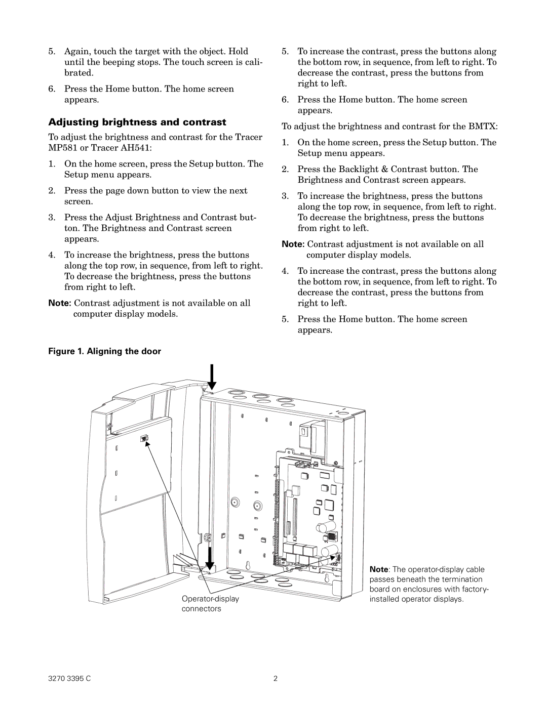 Trane Trace MP581/AH541 manual Adjusting brightness and contrast, Aligning the door 