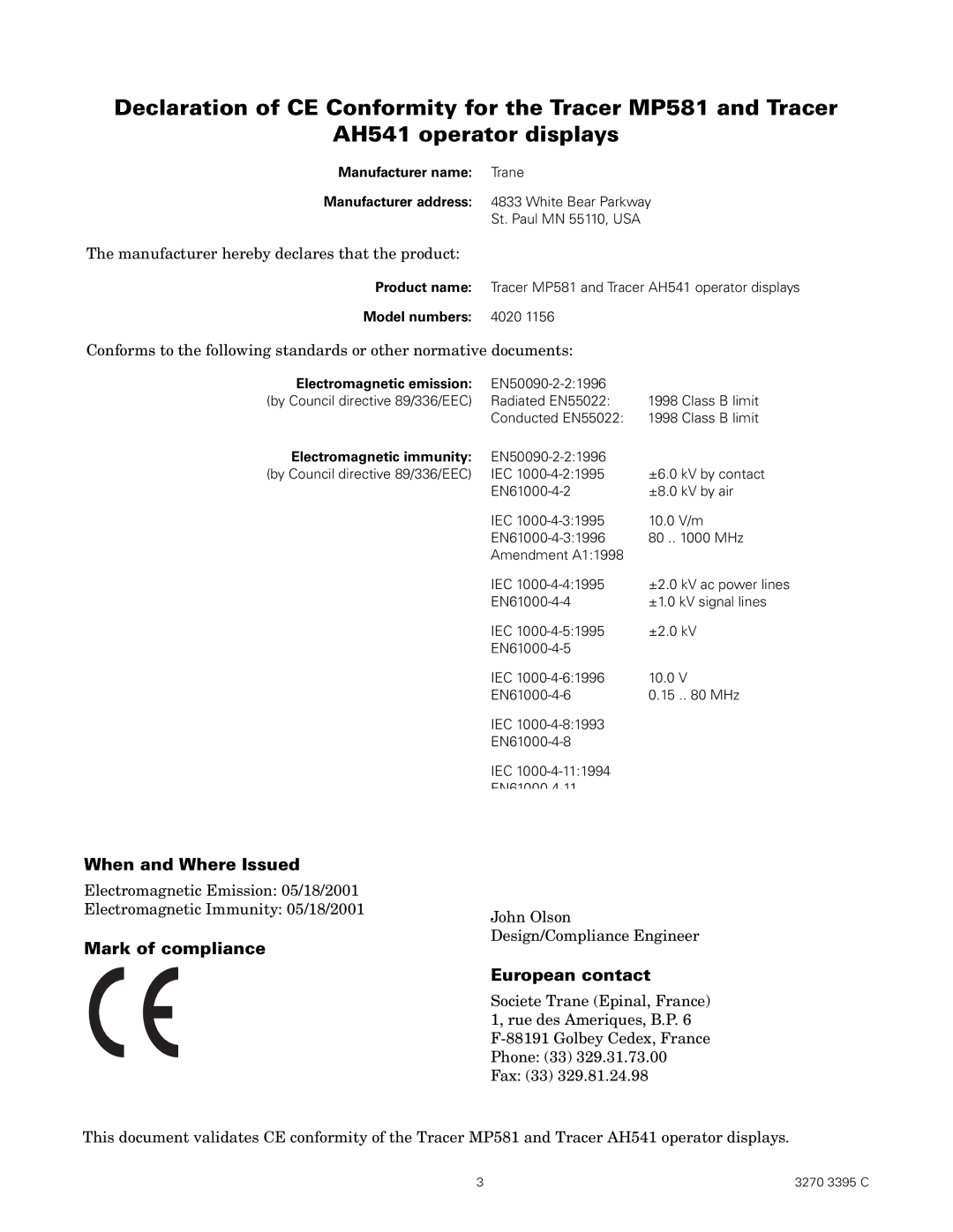 Trane Trace MP581/AH541 manual When and Where Issued, Mark of compliance, European contact 